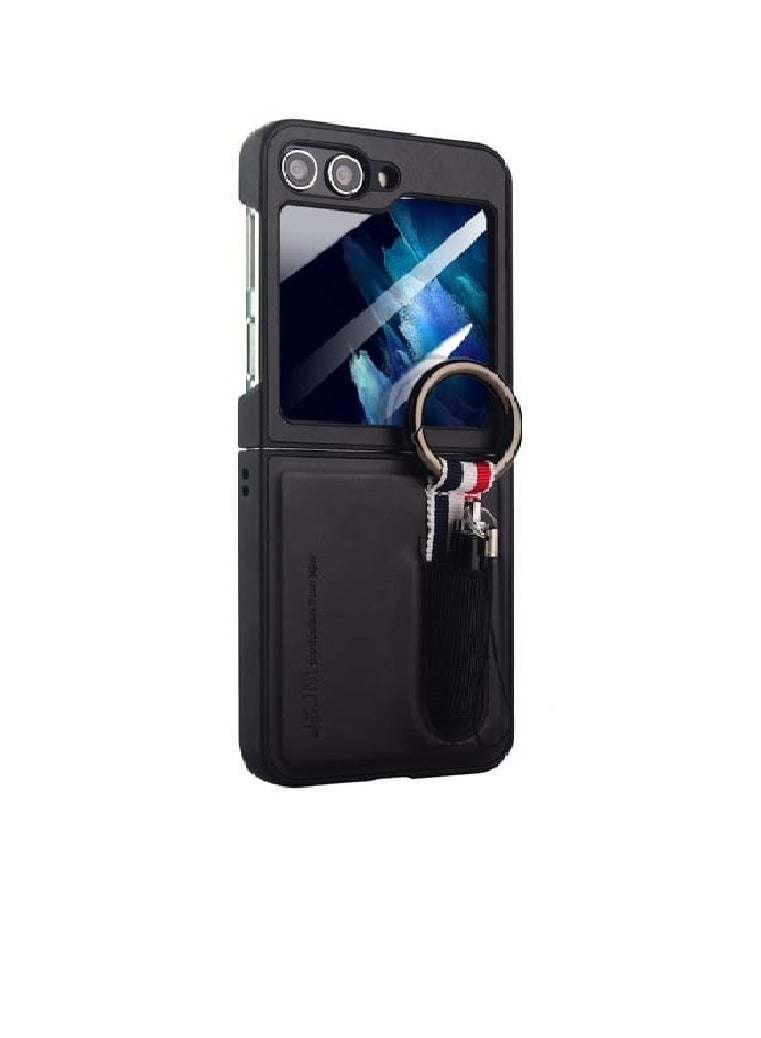 GALAXY Z FLIP 6 - JSJM RING HOLDER + Glass + Pen COVER LEATHER FASHION CASE FOR SAMSUNG GALAXY Z FLIP 6 (DESIGN- 117) [Black Color]