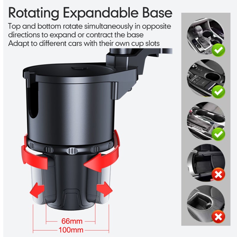 Car Cup Holder Expander: 360° Detachable Rotating Tray - Anti-slip Phone Stand, U-shaped Handle Slot for Front and Rear Car Seats, Grey, 66~100mm Adjustable Base - Image 4