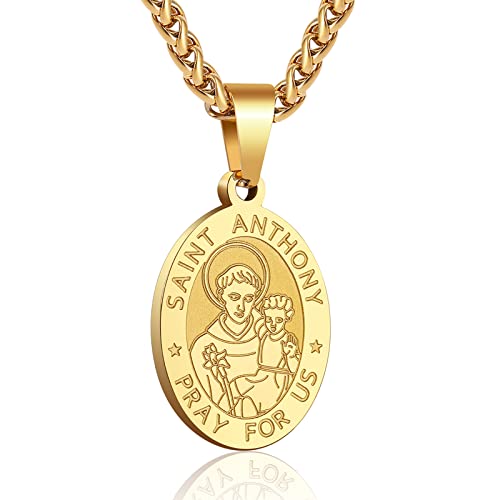 RS St Saint Anthony Medal Necklace for Men Boys Stainless Steel Pendant Chain Catholic Religious Baptism First Communion Confirmation Jewelry Gifts Teen Teenage Him Son - Image 1