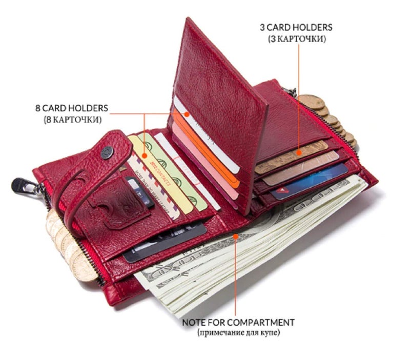 Contacts Men's Genuine Leather Wallet | RFID Blocking Wallet for Men| 14 Card Slots, 1 ID Window | 2 Zipper Compartments, Button Closure (Red)…… - Image 3