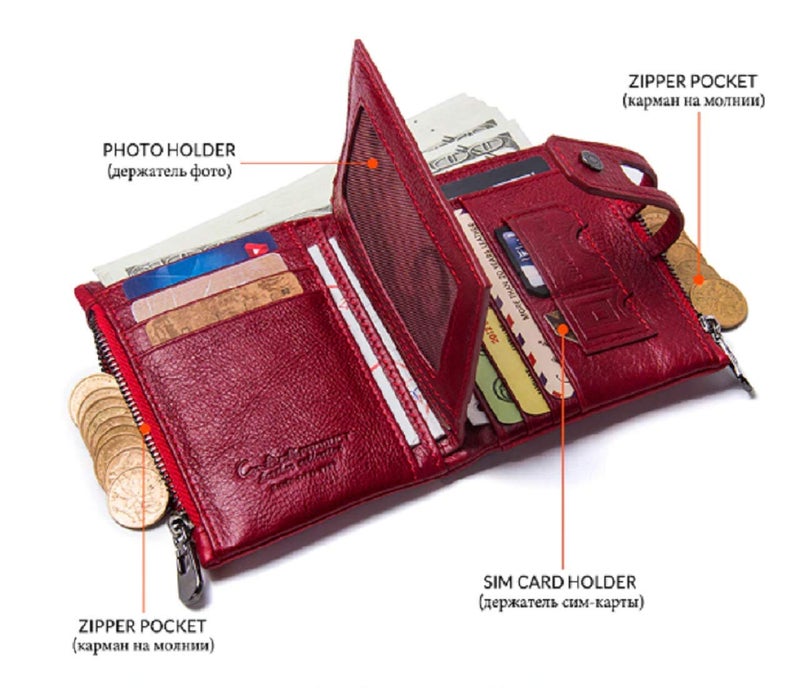 Contacts Men's Genuine Leather Wallet | RFID Blocking Wallet for Men| 14 Card Slots, 1 ID Window | 2 Zipper Compartments, Button Closure (Red)…… - Image 2