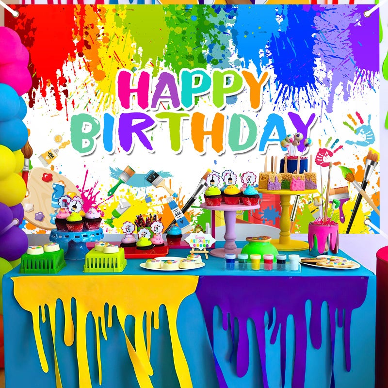 Avezano Paint Birthday Banner Boy and Girl Graffiti Art Party Decorations Painting Theme Happy Birthday Photo Backdrop 70.8 x 43.3 Inch Background for Kids - Image 4