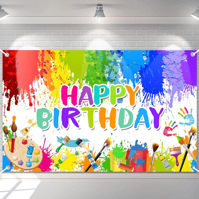 Avezano Paint Birthday Banner Boy and Girl Graffiti Art Party Decorations Painting Theme Happy Birthday Photo Backdrop 70.8 x 43.3 Inch Background for Kids - Image 1