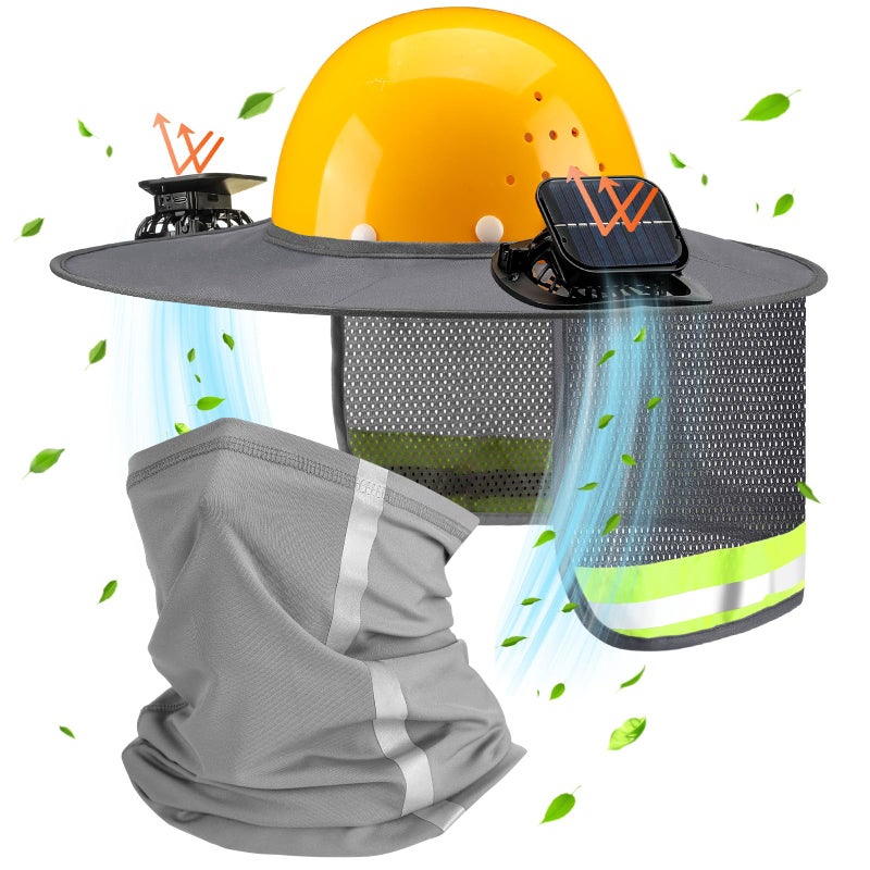 Croknit 2 Pcs Sun Hard Hat Neck Shield Shade Full Brim Hard Hat with Solar Fan Hardhat Sun Shield Visor with High Visibility for Construction Helmet Hardhat Accessories ReflectiveGray - Image 2