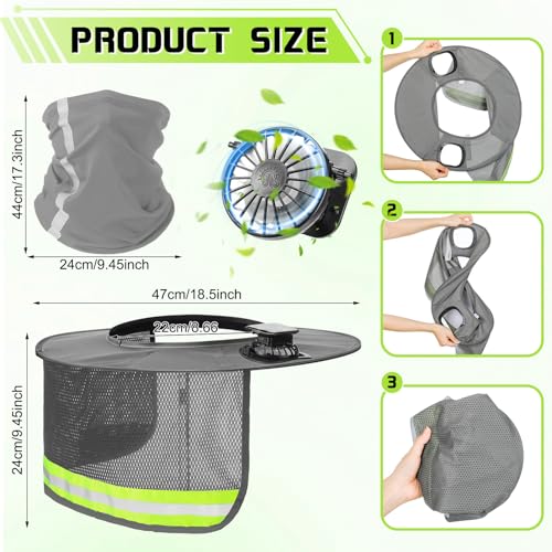 Croknit 2 Pcs Sun Hard Hat Neck Shield Shade Full Brim Hard Hat with Solar Fan Hardhat Sun Shield Visor with High Visibility for Construction Helmet Hardhat Accessories ReflectiveGray - Image 3
