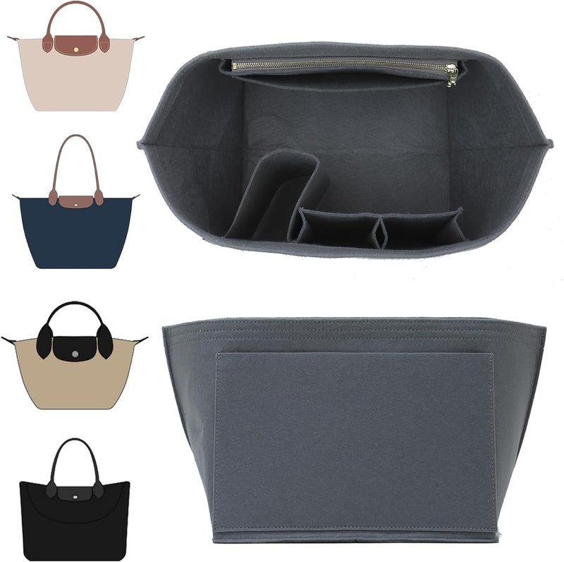 حشوة منظم حقيبة دوكسو لـ Longchamp Le Pliage، منظم حقيبة توت لباد فاخر بـ 8 أقسام وجيب بسحاب (رمادي فاتح، كبير) - Image 1
