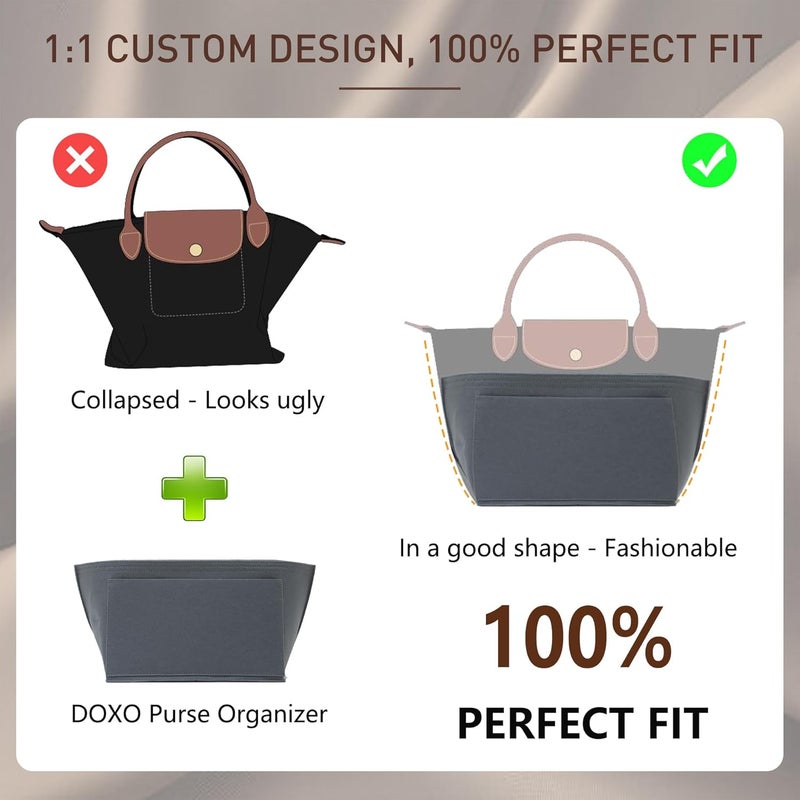 حشوة منظم حقيبة دوكسو لـ Longchamp Le Pliage، منظم حقيبة توت لباد فاخر بـ 8 أقسام وجيب بسحاب (رمادي فاتح، كبير) - Image 3