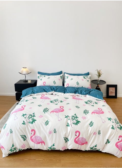 Single size, 4-piece a stunning pink flamingo design set against a white background with touches of pink.