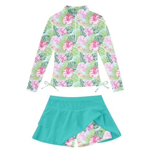 Vogseek Size 8-10 Girls Red Flower Hawaiian Bathing Suits for Kids 3D Floral Print Long Sleeve Swimsuits Shirts with Zipper 9 Year Little Child Ruffle Skirts with Shorts Blue Bottoms Quick Dry Swimming Set - Image 3