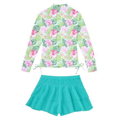 Vogseek Size 8-10 Girls Red Flower Hawaiian Bathing Suits for Kids 3D Floral Print Long Sleeve Swimsuits Shirts with Zipper 9 Year Little Child Ruffle Skirts with Shorts Blue Bottoms Quick Dry Swimming Set - Image 2