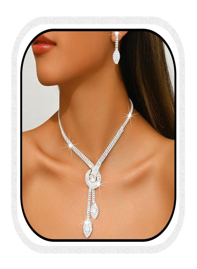 Unicra Silver Rhinestone Bridal Wedding Jewelry Set Crystal Necklace Earrings Sets Formal Prom Costume Jewelry Sets for Women and Brides (Silver) - Image 1