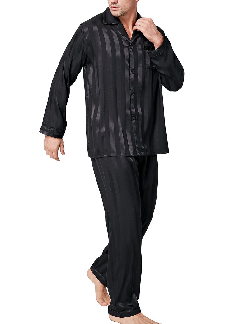 Lonxu Mens Silk Satin Pajamas Set Sleepwear Loungewear Black S - Image 1