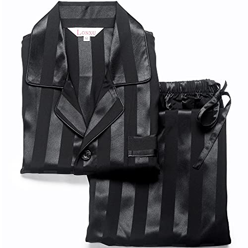 Lonxu Mens Silk Satin Pajamas Set Sleepwear Loungewear Black S - Image 4