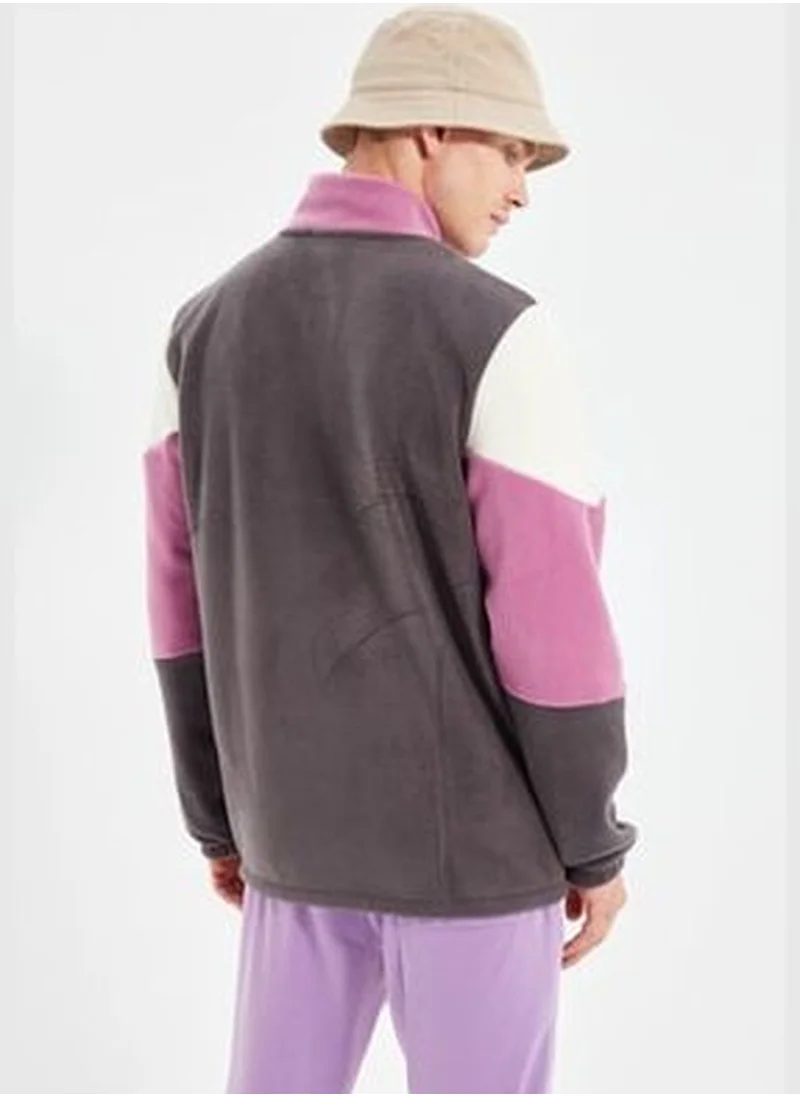 trendyol Anthracite Men's Regular/Regular Cut, Zippered Standing Collar Color Block Fleece Warm Sweatshirt.