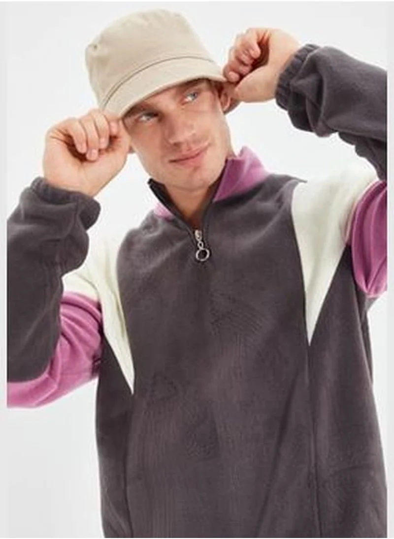 trendyol Anthracite Men's Regular/Regular Cut, Zippered Standing Collar Color Block Fleece Warm Sweatshirt.