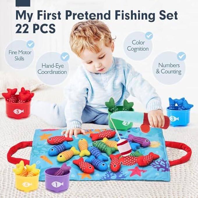 22PCS CLOTH FISHING GAME, FOR TODDLER 1-3, SENSORY TODDLER TOYS WITH STACKING CUPS, NUMBER COUNTING, COLOR SORTING, SHAPE LEARNING, NUMBER COUNTING FINE MOTOR SKILLS TOYS, PRESCHOOL GAMES - Image 2