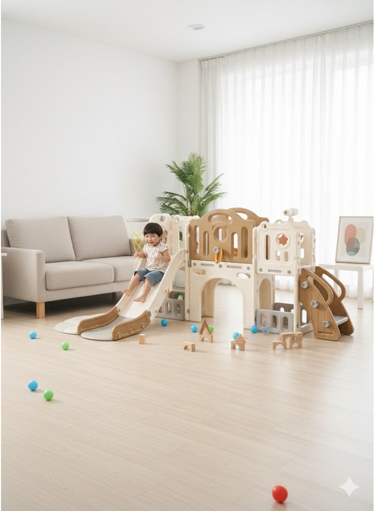 فول جوي زحليقة 8 في 1 للاطفال، زحليقة تسلق مع طوق كرة سلة وسلم وتلسكوب وممر ورمي حلقات ومساحة تخزين وملعب قائم بذاته في الفناء الخلفي للاطفال ، مجموعة لعب داخلية وخارجية في الاماكن المغلقة والمفتوحة - Image 4