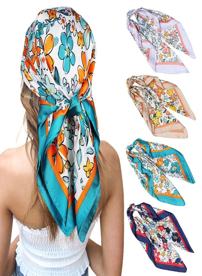 CHLINS 27 Inches Silk Feeling Square Head Scarf - 4 Pcs Satin Square Head Scarves for Women Hair Bandanas (Blue+Light Purple+Green+Khaki) - Image 1