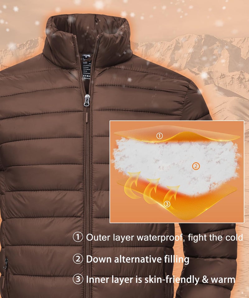 SPOSULEI Mens Puffer Down Jacket Quilted Winter Insulated Packable Jackets Coats Lightweight Water Repellent Outdoor Warm Ski Snow Jacket Outerwear Brown M - Image 4