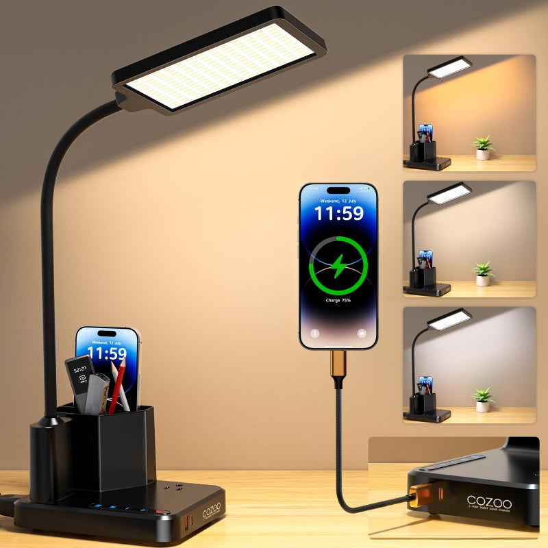 cozoo Desk Lamp, COZOO LED Desk Lamps for Home Office with USB Charging Port/Outlet/Organizer,Desk Lamp for College Dorm Eye-Caring Study Light,Gooseneck Table Lamp with Pen Holders/Storage,9 Lighting Modes - Image 1