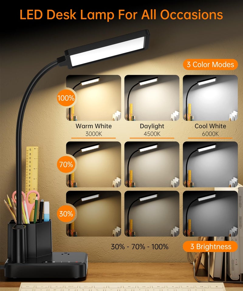 cozoo Desk Lamp, COZOO LED Desk Lamps for Home Office with USB Charging Port/Outlet/Organizer,Desk Lamp for College Dorm Eye-Caring Study Light,Gooseneck Table Lamp with Pen Holders/Storage,9 Lighting Modes - Image 2