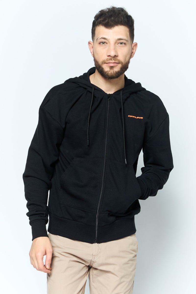 Night Addict سويت شيرت بقلنسوة للرجال بشعار العلامة التجارية بأكمام طويلة، أسود - Image 1