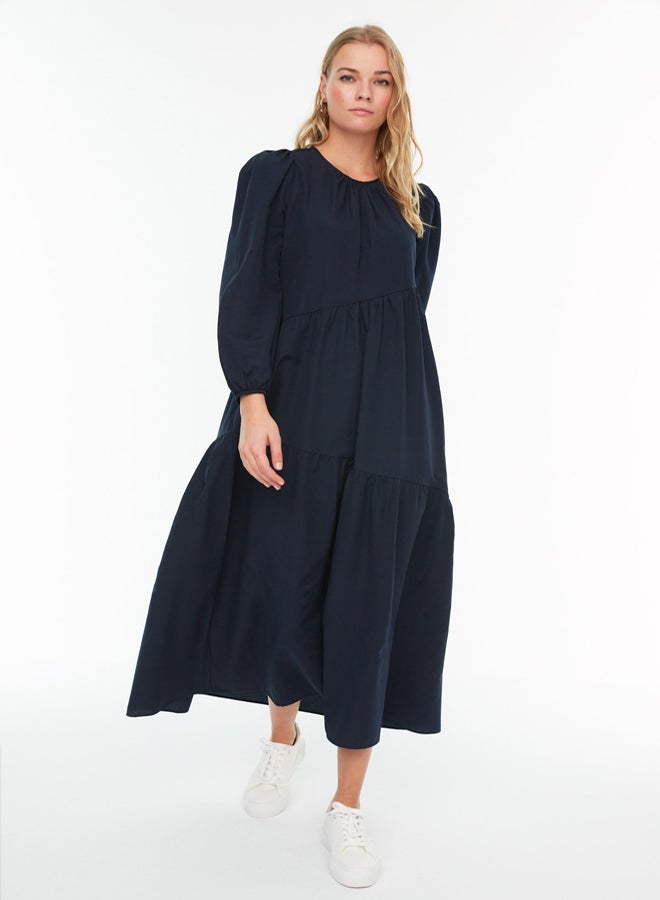 trendyol Navy Blue Gathered Detailed Cotton Wide Fit Woven Dress TCTSS21EL3470  - Image 1