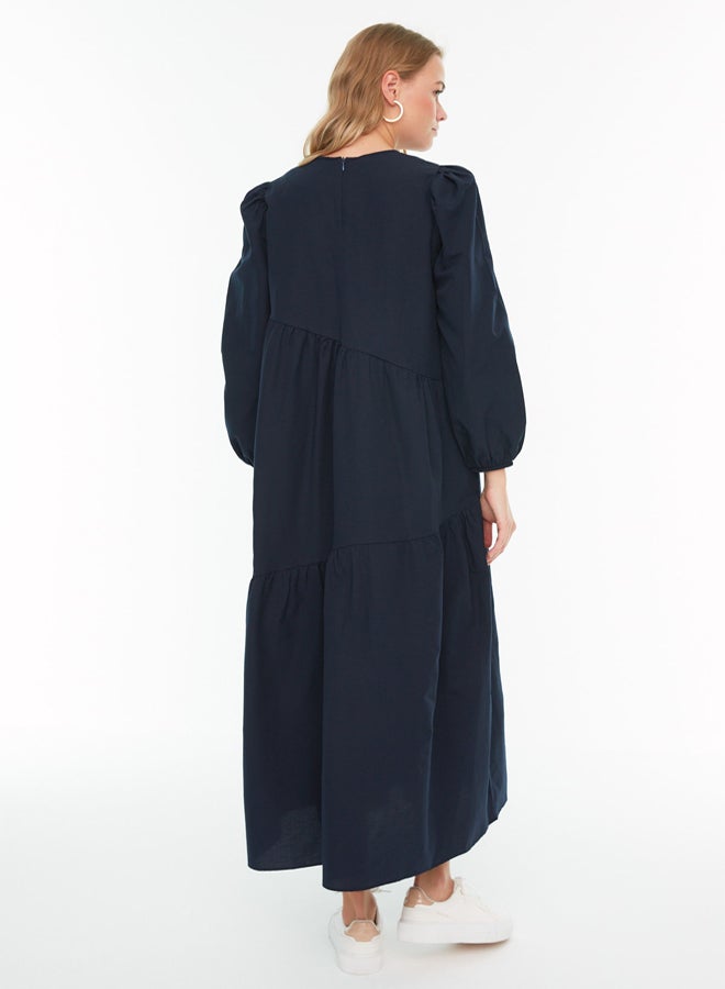 trendyol Navy Blue Gathered Detailed Cotton Wide Fit Woven Dress TCTSS21EL3470  - Image 5