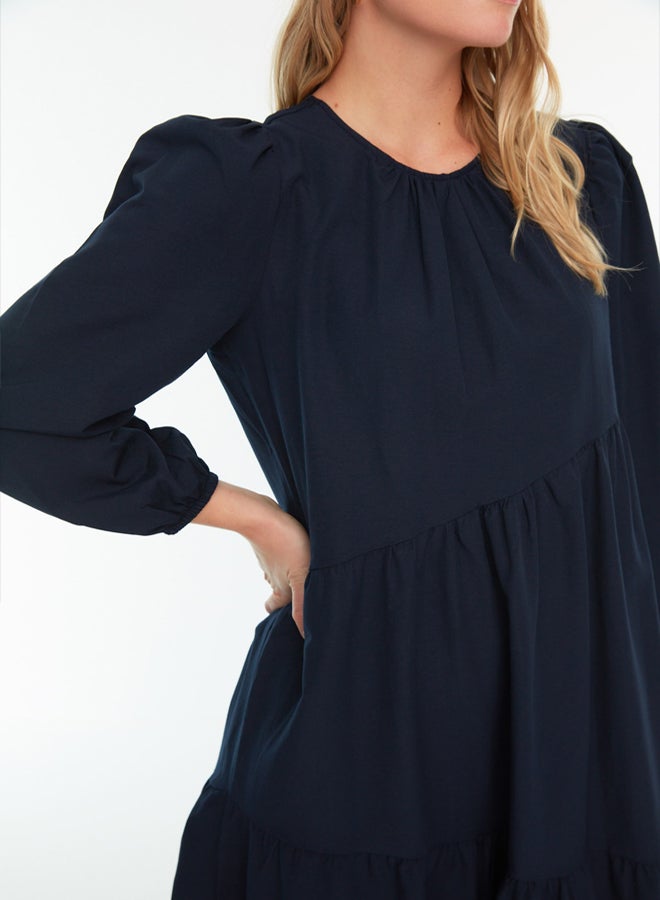 trendyol Navy Blue Gathered Detailed Cotton Wide Fit Woven Dress TCTSS21EL3470  - Image 4