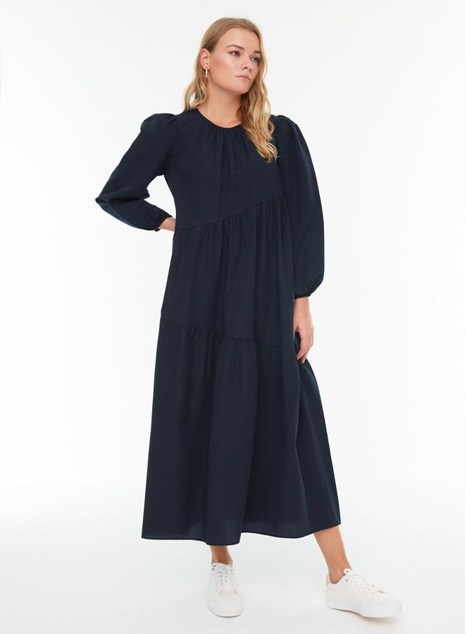 trendyol Navy Blue Gathered Detailed Cotton Wide Fit Woven Dress TCTSS21EL3470  - Image 2