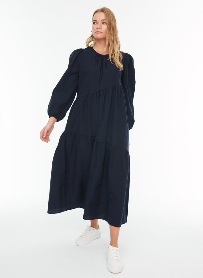 trendyol Navy Blue Gathered Detailed Cotton Wide Fit Woven Dress TCTSS21EL3470  - Image 3