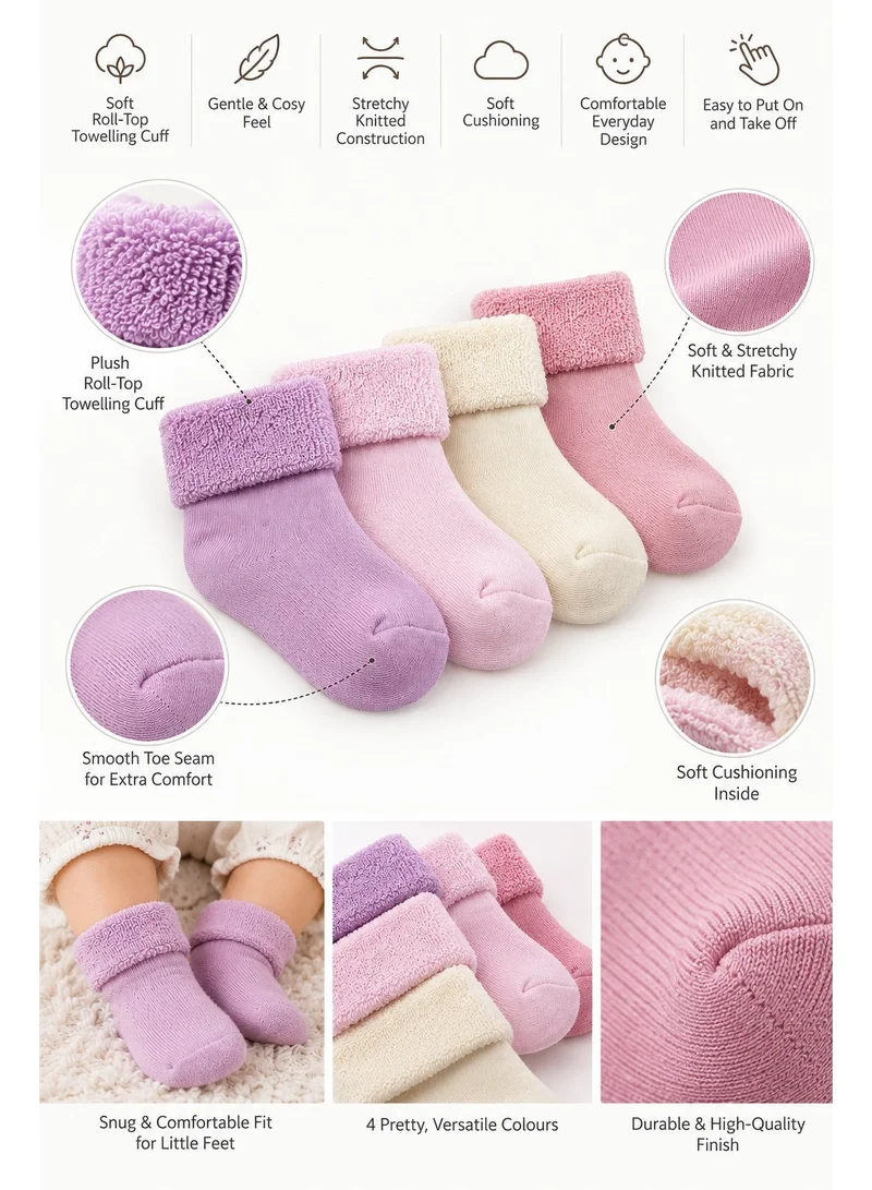 Al Ibrah Newborn Baby Socks 4 Pack, Soft Cotton Towelling Cuff, Warm, for Baby Girls