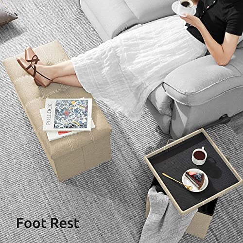 DIVHUK Folding Storage Ottoman Long Shoes Sofa Bench Fabric Linen Footrest Stool for Laundry Storage Space End of Bed Seat Toys Storage Organizer Bin Box with Lidded Cover (76X38X38 CM, Beige) - Image 2