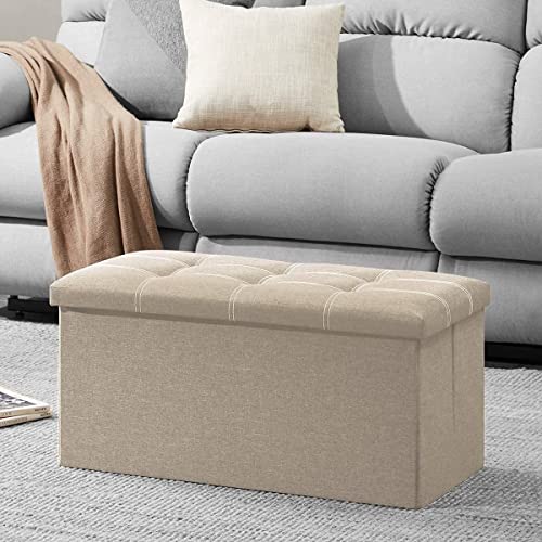 DIVHUK Folding Storage Ottoman Long Shoes Sofa Bench Fabric Linen Footrest Stool for Laundry Storage Space End of Bed Seat Toys Storage Organizer Bin Box with Lidded Cover (76X38X38 CM, Beige) - Image 5