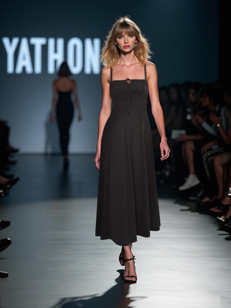 YATHON Wedding Guest Dresses for Women Spring Summer Casual Lace Up Milkmaid Dresses A-Line Boho Sundress(YT552-Black,L) - Image 3