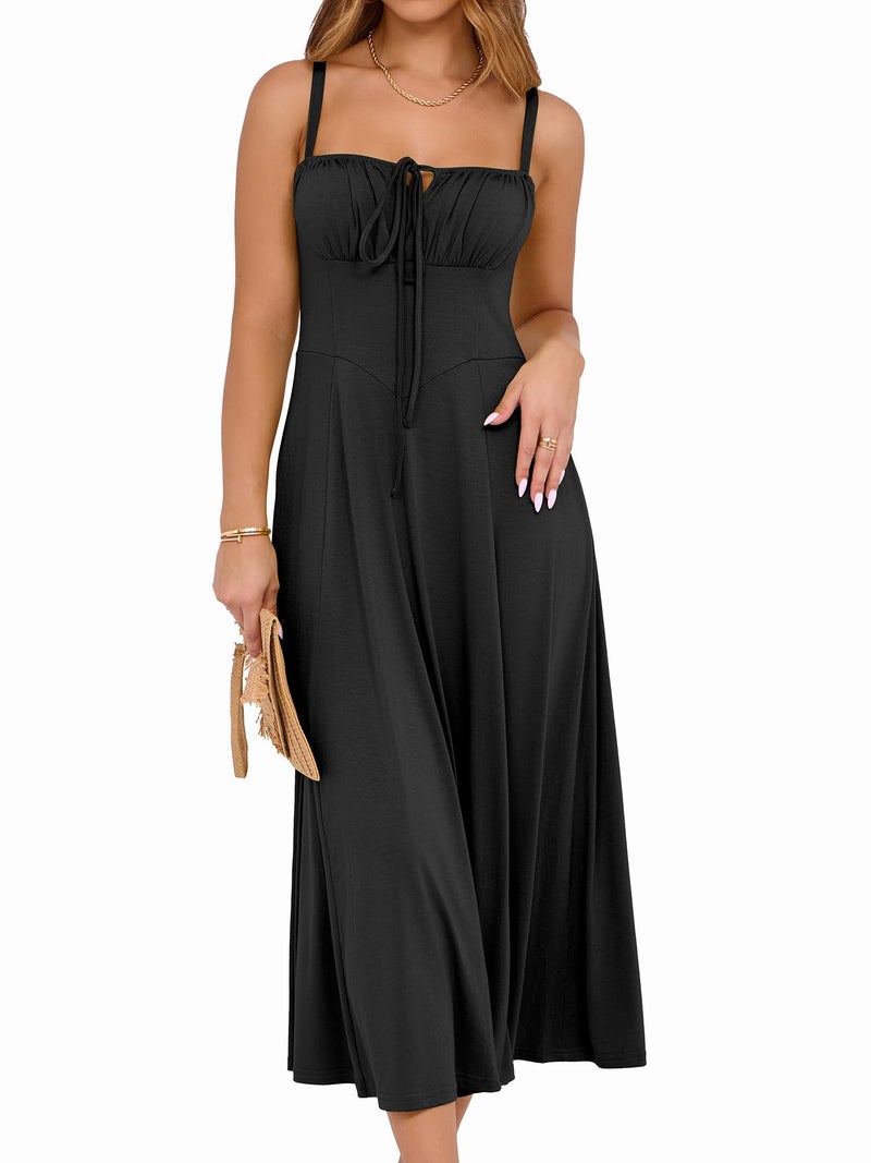 YATHON Wedding Guest Dresses for Women Spring Summer Casual Lace Up Milkmaid Dresses A-Line Boho Sundress(YT552-Black,L) - Image 2