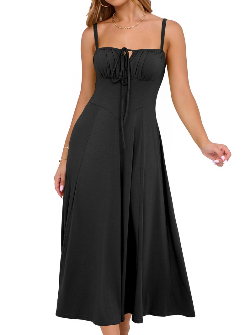 YATHON Wedding Guest Dresses for Women Spring Summer Casual Lace Up Milkmaid Dresses A-Line Boho Sundress(YT552-Black,L) - Image 1