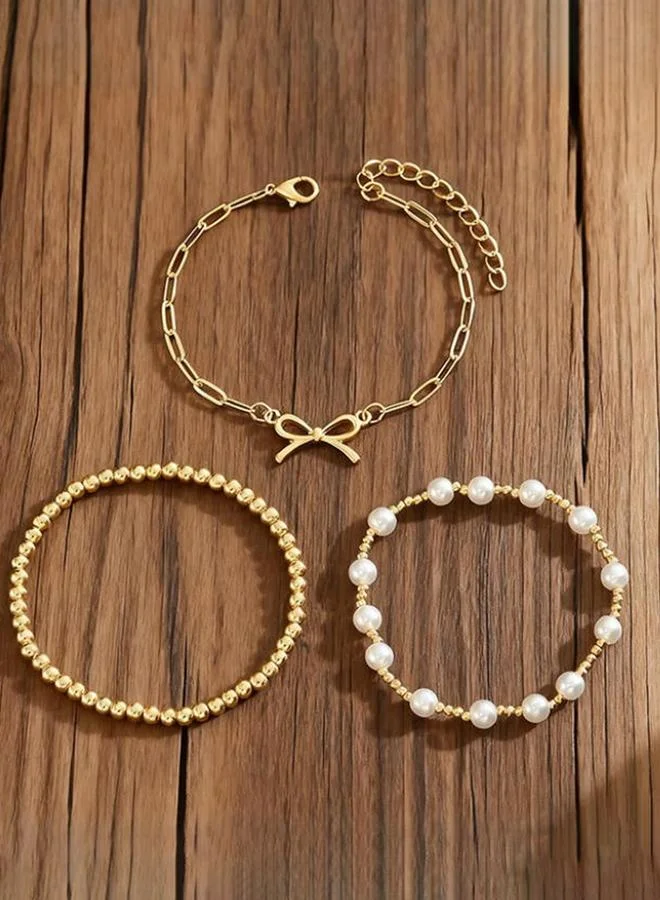 Take Two Pack of 3 - Gold Tone Faux Pearl Bracelet