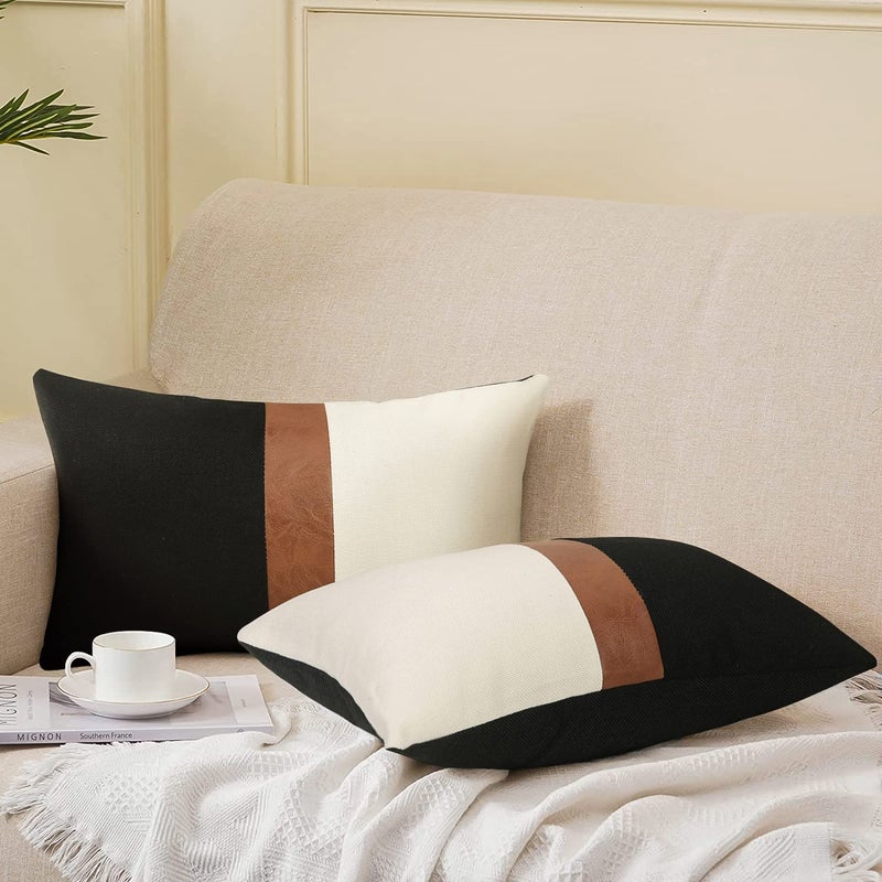 Merrycolor Pack of 2 Thick Black Linen Farmhouse Lumbar Throw Pillow Cover Black Brown Decorative Linen Faux Leather Ticking Stripe Cushion Pillowcase Modern Sofa Couch Pillow Cover 12x20 Inches - Image 2
