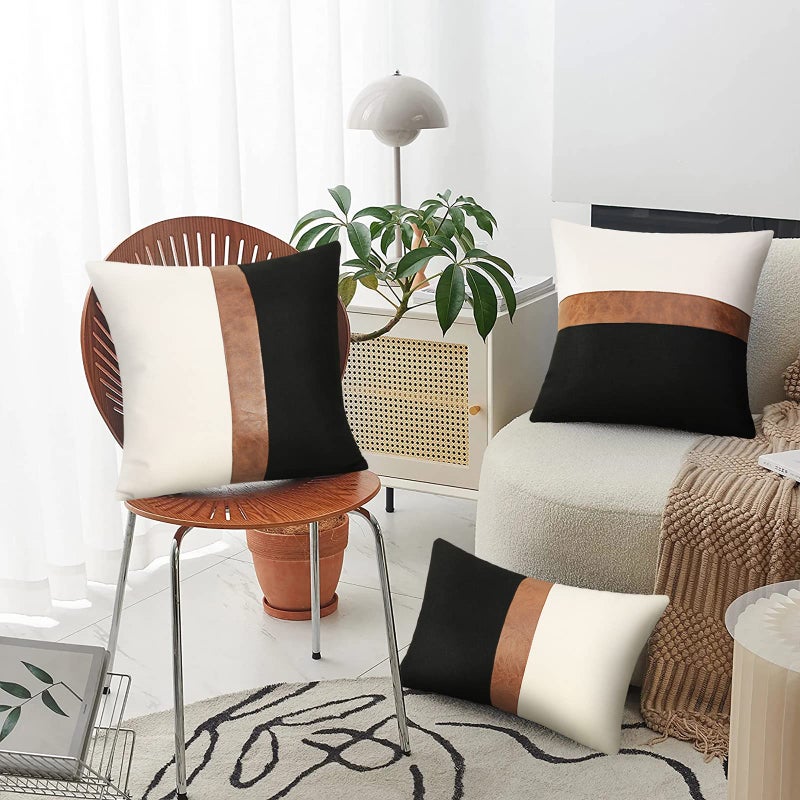 Merrycolor Pack of 2 Thick Black Linen Farmhouse Lumbar Throw Pillow Cover Black Brown Decorative Linen Faux Leather Ticking Stripe Cushion Pillowcase Modern Sofa Couch Pillow Cover 12x20 Inches - Image 3