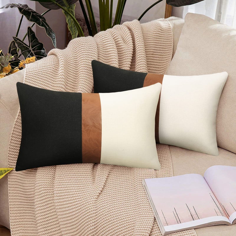 Merrycolor Pack of 2 Thick Black Linen Farmhouse Lumbar Throw Pillow Cover Black Brown Decorative Linen Faux Leather Ticking Stripe Cushion Pillowcase Modern Sofa Couch Pillow Cover 12x20 Inches - Image 1