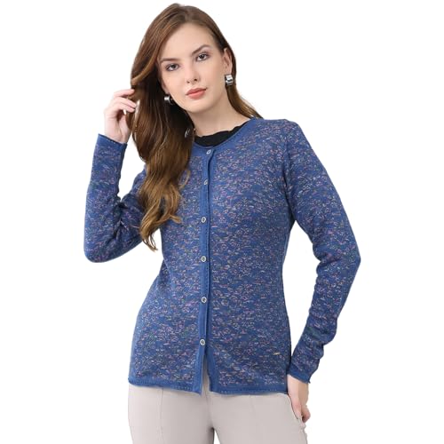 Monte Carlo Women’s Regular Fit Cardigan | Self Design Knit | Round Neck | Full Sleeves | Button Closure | Fashionable Stylish Warm Winter Cardigan for Women Blue L (Pack of_1) - Image 1