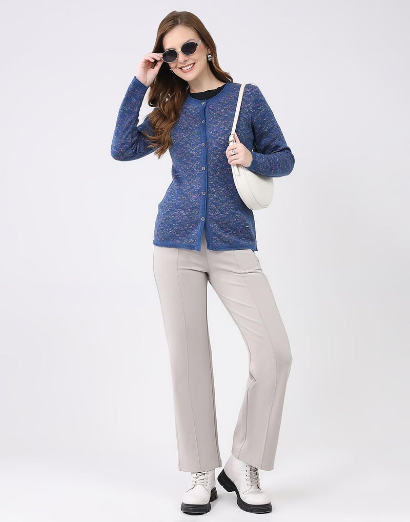 Monte Carlo Women’s Regular Fit Cardigan | Self Design Knit | Round Neck | Full Sleeves | Button Closure | Fashionable Stylish Warm Winter Cardigan for Women Blue L (Pack of_1) - Image 5