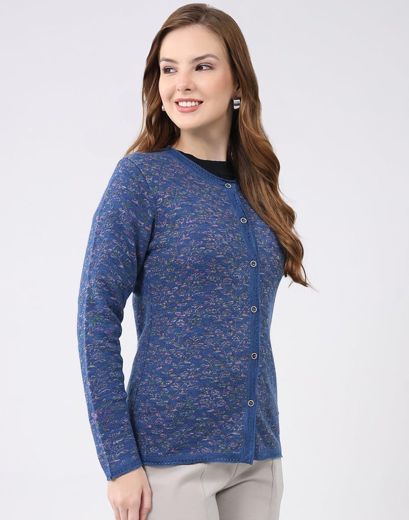 Monte Carlo Women’s Regular Fit Cardigan | Self Design Knit | Round Neck | Full Sleeves | Button Closure | Fashionable Stylish Warm Winter Cardigan for Women Blue L (Pack of_1) - Image 3