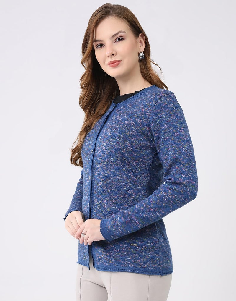 Monte Carlo Women’s Regular Fit Cardigan | Self Design Knit | Round Neck | Full Sleeves | Button Closure | Fashionable Stylish Warm Winter Cardigan for Women Blue L (Pack of_1) - Image 2