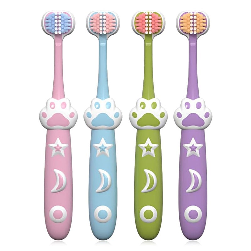 Hannea مجموعة فرشاة أسنان للأطفال HANNEA® 4 قطع فرشاة أسنان ثلاثية الجوانب شعيرات فائقة النعومة للأطفال من عمر 3 سنوات فما فوق فرشاة أسنان على شكل قطة كرتونية مقبض على شكل كف فرشاة أسنان للأطفال في المنزل والمدرسة للسفر - Image 1