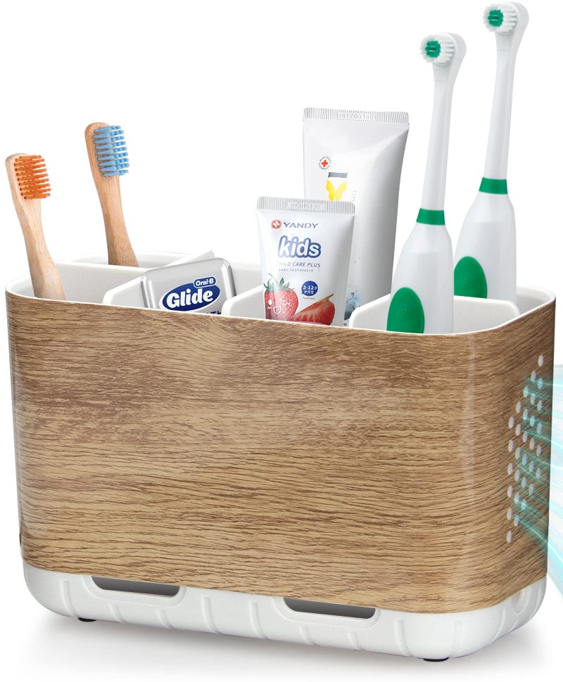 Boperzi Toothbrush and Toothpaste Holder Wood Grain for Bathroom Countertop with Adjustable Dividers Toothpaste Caddy Organizer Storage Rustic Decor Set Freestanding AntiSlip for ShowerFamilyKids