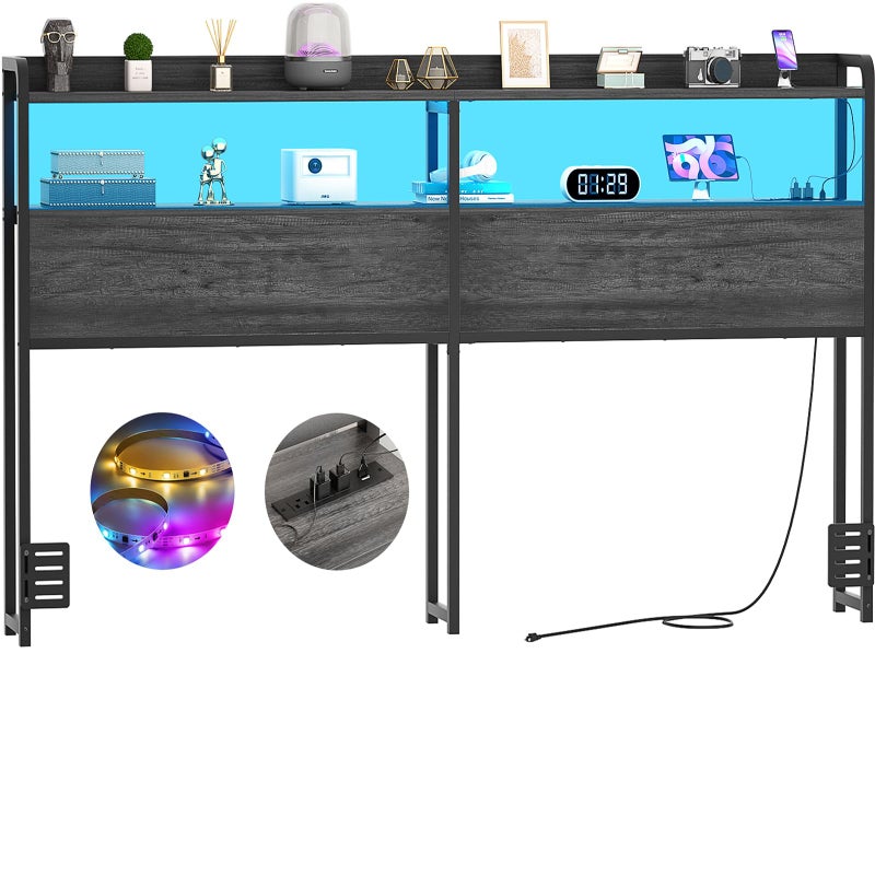 Aheaplus رأس سرير Aheaplus لإطار سرير بحجم كينج مع مآخذ ومنافذ USB وإضاءة LED رأس سرير مع تخزين قابل للتعديل في الارتفاع قوي ومستقر رأس سرير بحجم كينج أسود من خشب البلوط