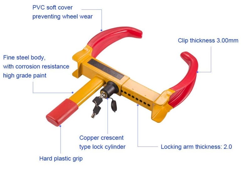 TORIOX قفل عجلة السيارة المضاد للسرقة الثقيل العالمي مع حماية من السرقة (أحمر وأصفر) - Image 3