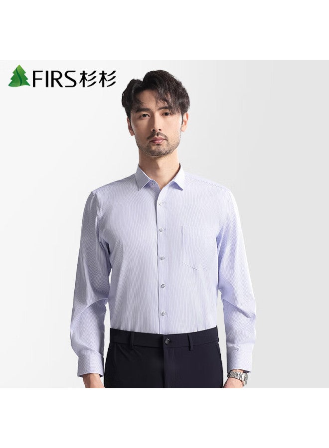 Firs Men's Long Sleeve Business Formal Casual Solid Color Non-iron Shirt Blue White Stripes 097 Size 38